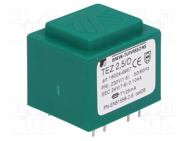 Transformer: encapsulated; 2.5VA; 230VAC; 24V; 104.1mA; IP00; 100g
