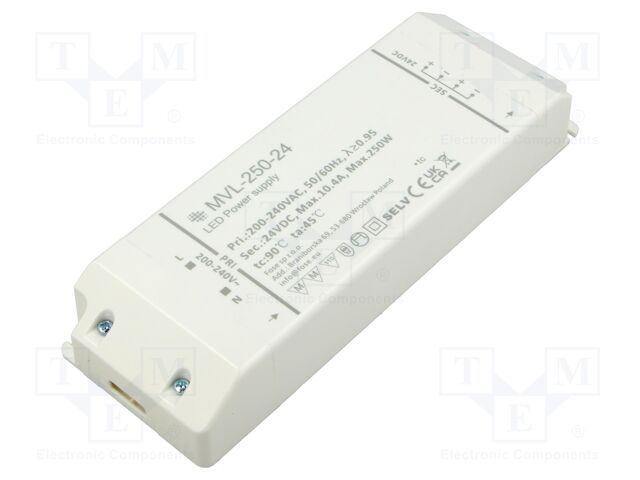 Power supply: switching; LED; 250W; 24VDC; 10.4A; 200÷240VAC; IP20