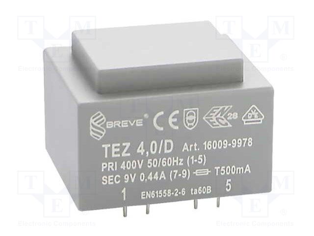 Transformer: encapsulated; 4VA; 400VAC; 9V; 444.4mA; Mounting: PCB