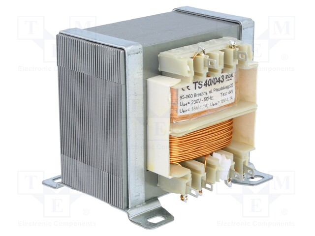 Transformer: mains; 40VA; 230VAC; 18V; 18V; 1.1A; 1.1A; IP00