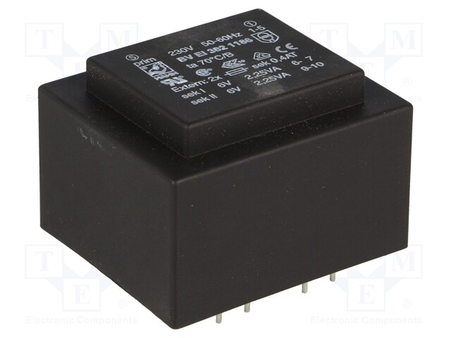 Transformer: encapsulated; 4.5VA; 230VAC; 6V; 6V; 375mA; 375mA; 150g
