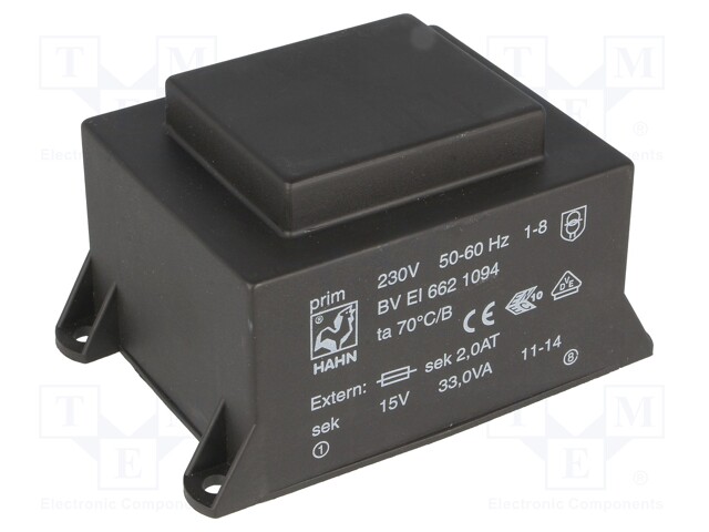 Transformer: encapsulated; 33VA; 230VAC; 15V; 2200mA; Mounting: PCB