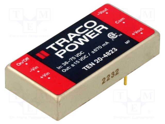 Converter: DC/DC; 20W; Uin: 36÷75V; Uout: 15VDC; Uout2: -15VDC; 2"x1"
