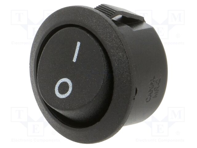 ROCKER; SPST; Pos: 2; OFF-ON; 16A/250VAC; black; none; 20mΩ; Ø20mm