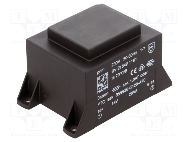 Transformer: encapsulated; 20VA; 230VAC; 18V; 1112mA; Mounting: PCB