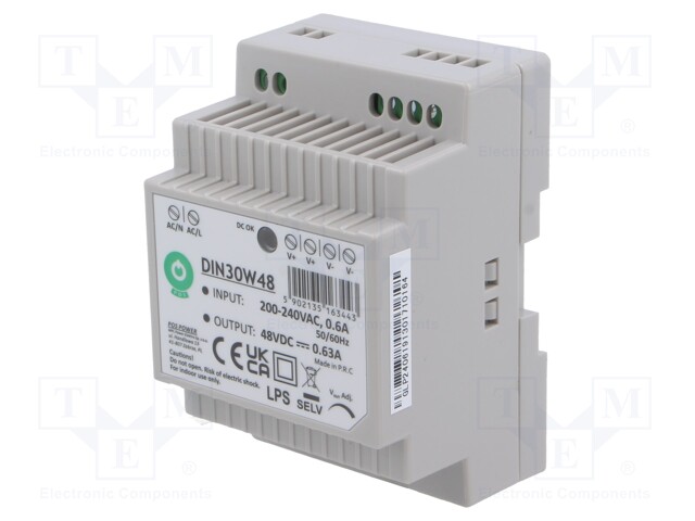 Power supply: switching; for DIN rail; 30W; 48VDC; 630mA; OUT: 1