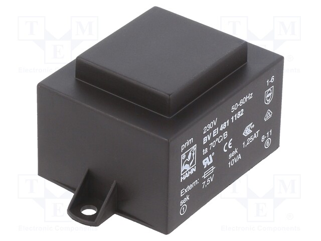 Transformer: encapsulated; 10VA; 230VAC; 7.5V; 1333mA; 300g