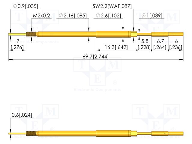 Test needle; Spring compression: 5mm; 5.5mm; 8A; steel; Ø: 1.5mm