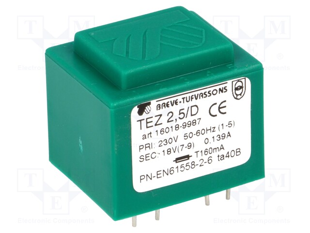 Transformer: encapsulated; 2.5VA; 230VAC; 18V; 138.8mA; IP00; 100g