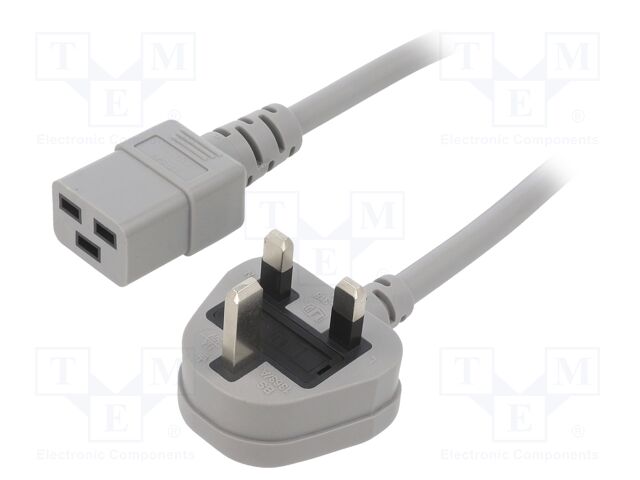 Cable; BS 1363 (G) plug,IEC C19 female; PVC; 1.5m; grey; 3x1,5mm2