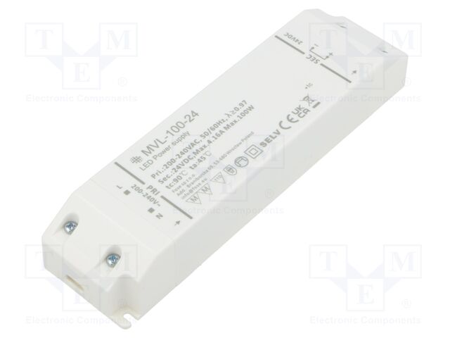 Power supply: switching; LED; 100W; 24VDC; 4.17A; 200÷240VAC; IP20