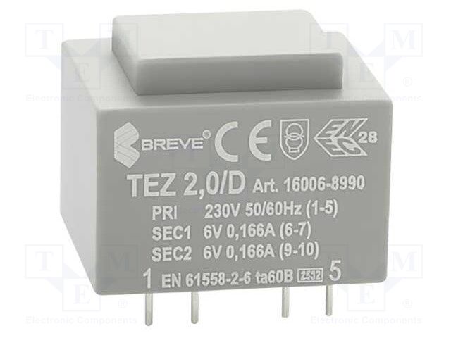 Transformer: encapsulated; 2VA; 230VAC; 6V; 6V; 166.6mA; 166.6mA