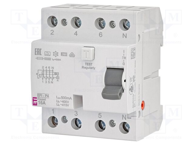 RCD breaker; Inom: 16A; Ires: 500mA; Poles: 4; 400V,415V; IP20; EFI