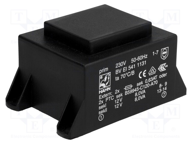 Transformer: encapsulated; 16VA; 230VAC; 12V; 12V; 667mA; 667mA