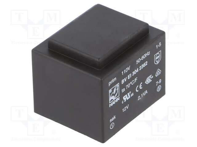 Transformer: encapsulated; 2.1VA; 110VAC; 12V; 175mA; Mounting: PCB