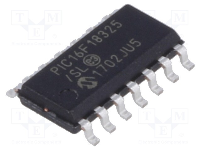 PIC microcontroller; Memory: 14kB; SRAM: 1024B; EEPROM: 256B; SMD