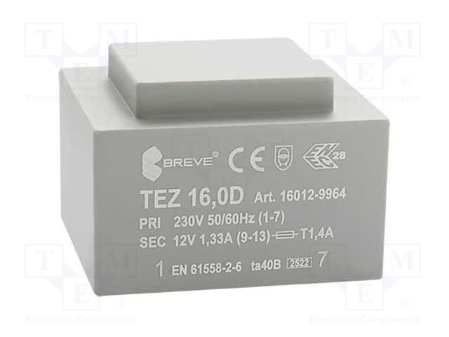 Transformer: encapsulated; 16VA; 230VAC; 12V; 1333.3mA; IP00; 420g