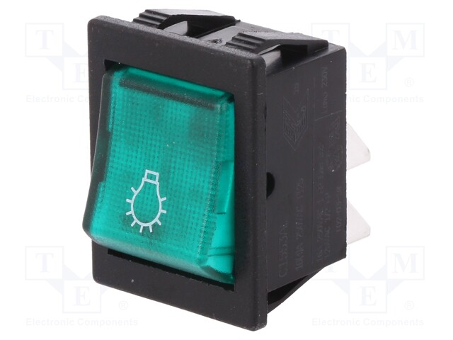 ROCKER; DPST; Pos: 2; OFF-ON; 16A/250VAC; green; neon lamp 250V