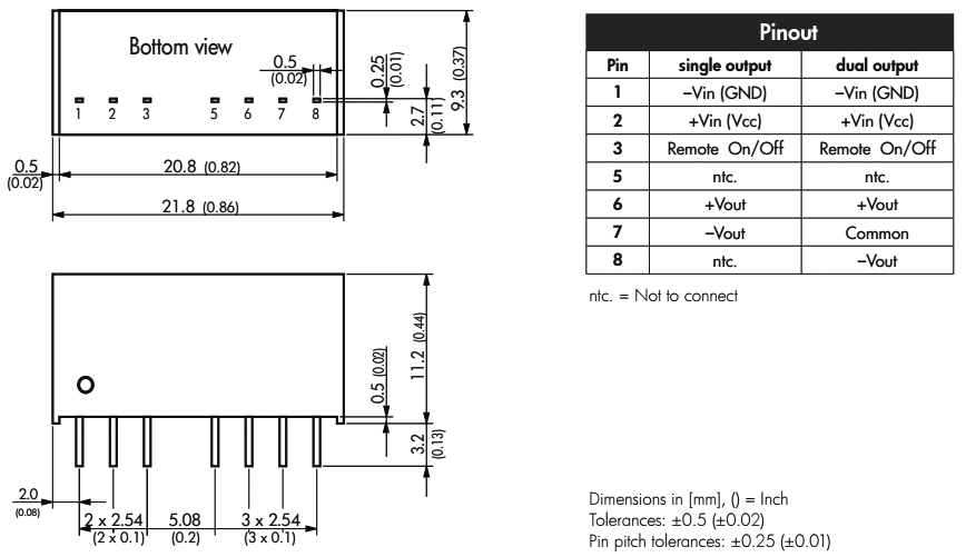 Converter: DC/DC; 3W; Uin: 9÷18V; 5VDC; Iout: 600mA; SIP8; 4.8g; OUT: 1
