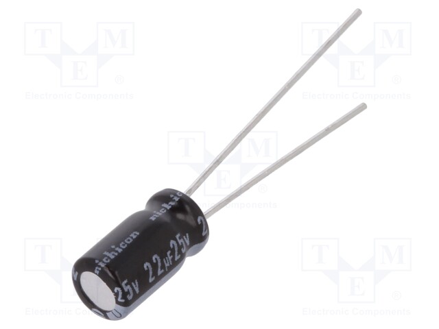 Capacitor: electrolytic; THT; 22uF; 25VDC; Ø5x9mm; Pitch: 2mm; ±20%