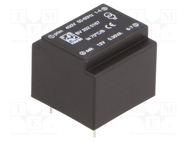 Transformer: encapsulated; 0.35VA; 400VAC; 12V; 29mA; Mounting: PCB