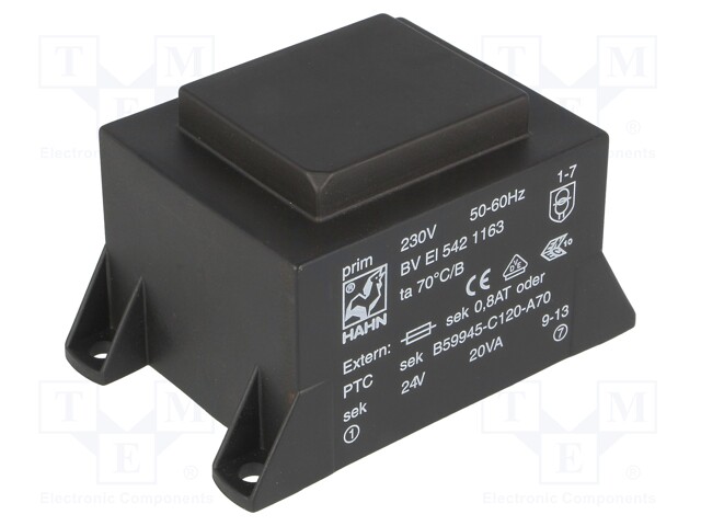 Transformer: encapsulated; 20VA; 230VAC; 24V; 834mA; Mounting: PCB