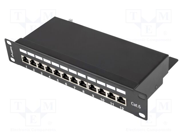 Patch panel; black; Number of ports: 12; Cat: 6; RJ45 socket x12