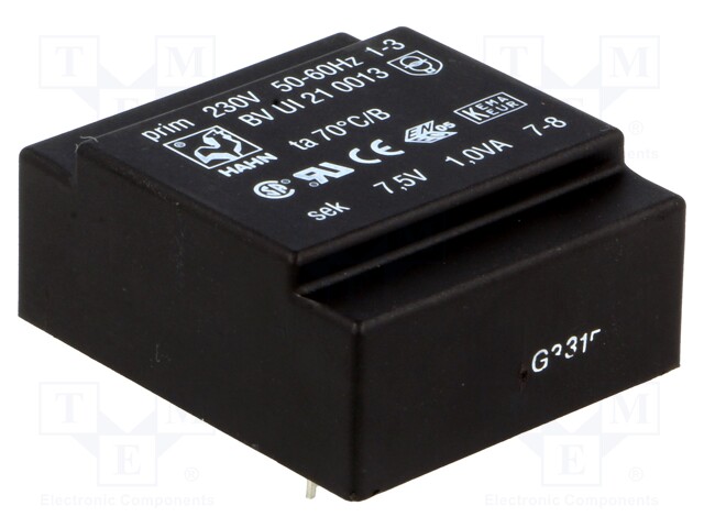 Transformer: encapsulated; 1VA; 230VAC; 7.5V; 133mA; Mounting: PCB