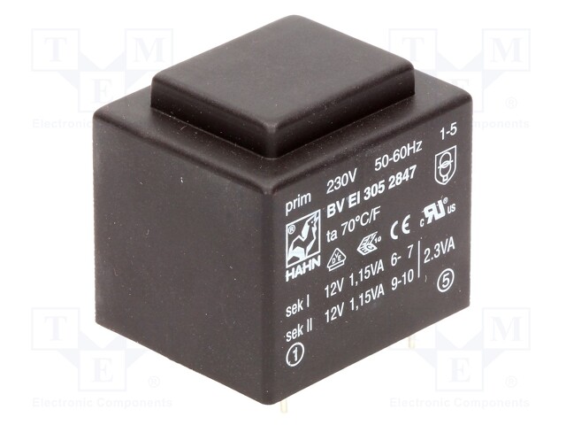 Transformer: encapsulated; 2.3VA; 230VAC; 12V; 12V; 96mA; 96mA; 111g