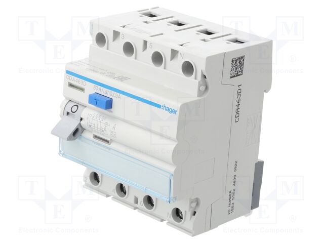 RCD breaker; Inom: 63A; Ires: 30mA; Max surge current: 250A; IP20