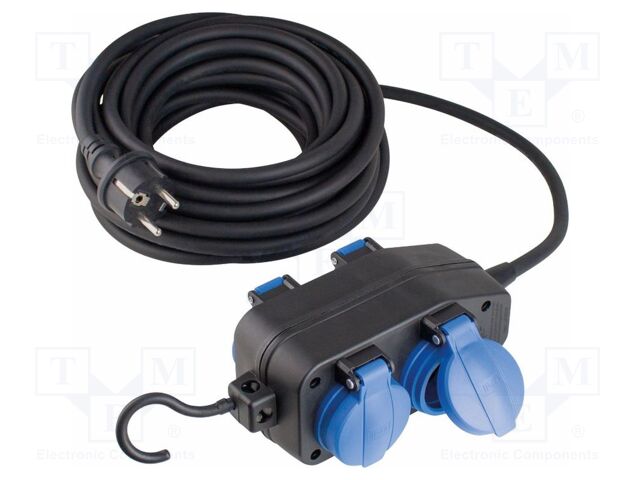 Extension lead; 3G1.5mm2; Sockets: 4; rubber; black; 5m; 16A