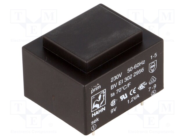 Transformer: encapsulated; 1.2VA; 230VAC; 9V; 133mA; Mounting: PCB