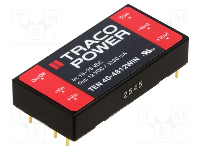 Converter: DC/DC; 40W; Uin: 18÷75V; 12VDC; Iout: 3330mA; 2"x1"; 30g