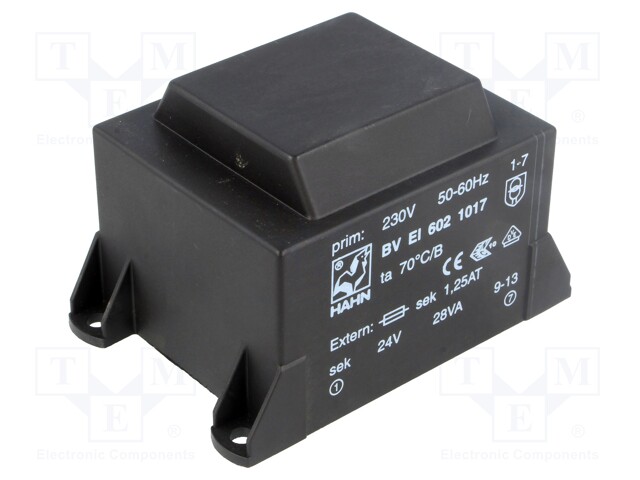 Transformer: encapsulated; 28VA; 230VAC; 24V; 1167mA; Mounting: PCB