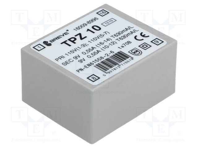 Transformer: mains; 10VA; 115VAC; 9V; 9V; Mounting: PCB; IP00