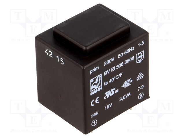 Transformer: encapsulated; 3.6VA; 230VAC; 18V; 200mA; Mounting: PCB