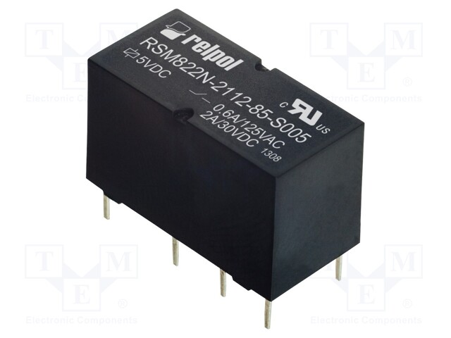 Relay: electromagnetic; DPDT; Ucoil: 5VDC; 0.6A/125VAC; 2A/30VDC