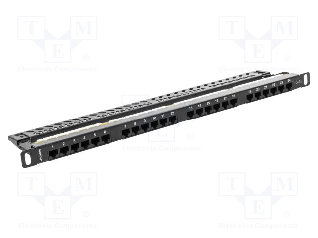 Patch panel; black; Number of ports: 24; Cat: 6; RJ45 socket x24