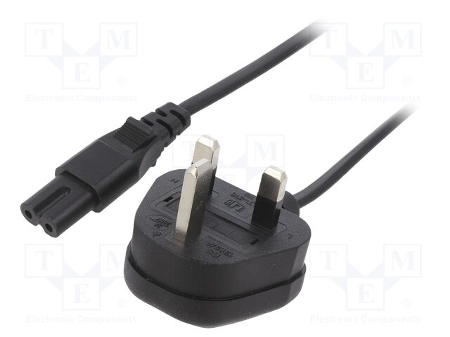 Cable; 2x0.75mm2; BS 1363 (G) plug,IEC C7 female; PVC; 3m; black
