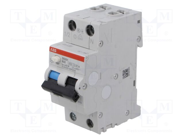 RCBO breaker; Inom: 32A; Ires: 100mA; Poles: 1+N; 230VAC; DIN; IP20