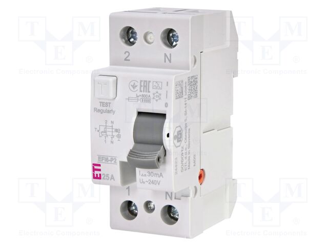 RCD breaker; Inom: 25A; Ires: 30mA; Poles: 2; 230V,240V; IP20; EFI