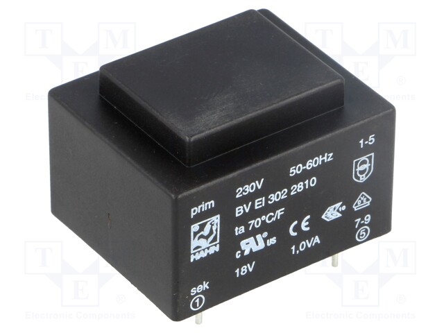 Transformer: encapsulated; 1VA; 230VAC; 18V; 56mA; Mounting: PCB