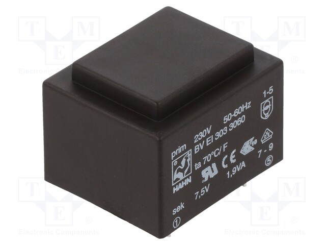 Transformer: encapsulated; 1.9VA; 230VAC; 7.5V; 253mA; 81g