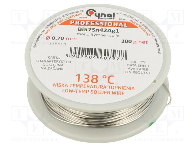 Tin; lead free; Bi57Sn42Ag1; 0.7mm; 100g; reel; Flux: flux free