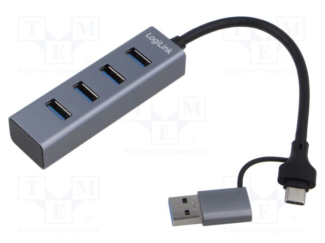 Hub USB; USB A socket x4,USB A plug,USB C plug; USB 3.0; grey
