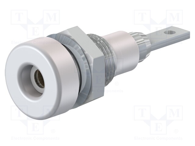 Socket; 2mm banana; 10A; 23mm; white; Mounting: soldered,on panel