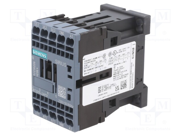 Contactor: 3-pole; NO x3; Auxiliary contacts: NO; 230VAC; 7A; 3RT20