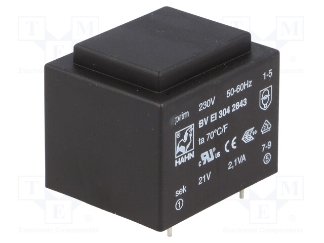 Transformer: encapsulated; 2.1VA; 230VAC; 21V; 100mA; Mounting: PCB