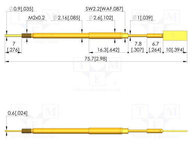 Test needle; Spring compression: 5mm; 5.5mm; 8A; steel; Ø: 4mm; flat