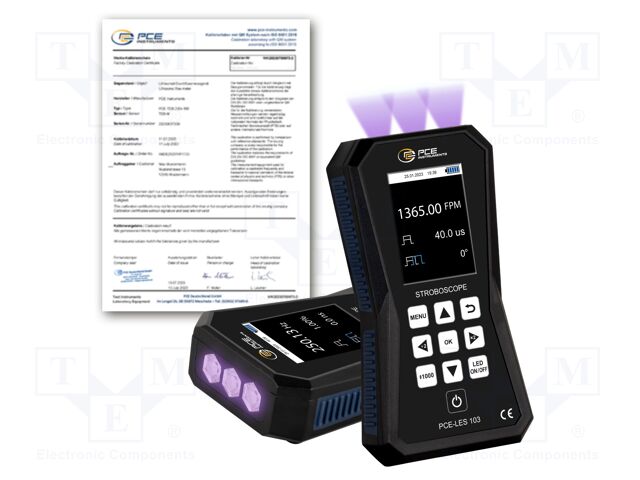 Meter: tachometer, LED stroboscope; Display: LCD 2,8"; IP52; 4.5h
